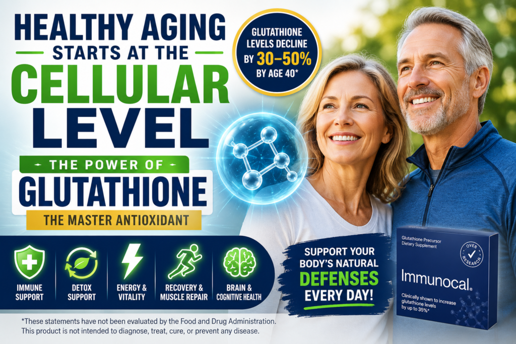 “Healthy aging graphic showing a vibrant mature couple with glutathione benefits for immunity, energy, detox, recovery, and brain health.”